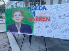A sign outside Elizabeth Warren's South Florida campaign office on Feb. 15, 2020. (Kaylee Padron/SFMN)