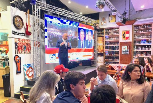 Armando Ibarra, the president of Miami Young Republicans, addresses the crowd at the Miami Young Republicans State of the Union watch party on Feb. 4, 2020. (Francis/SFMN)